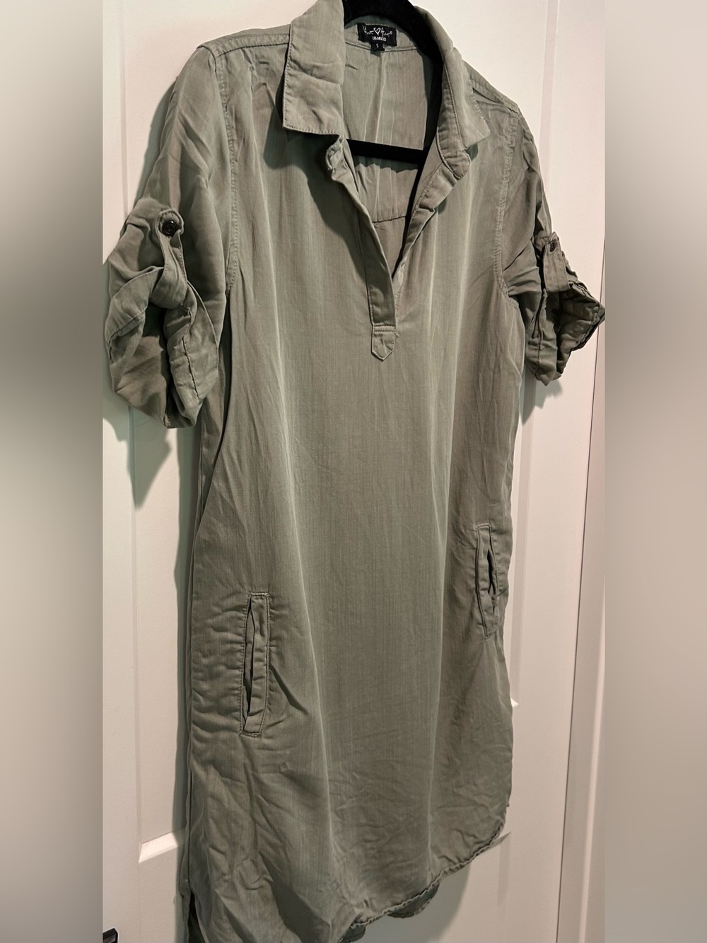 Velvet Heart Tencel Shirt Dress Olive Green Utility Tunic Dress Size S - Picture 4 of 9
